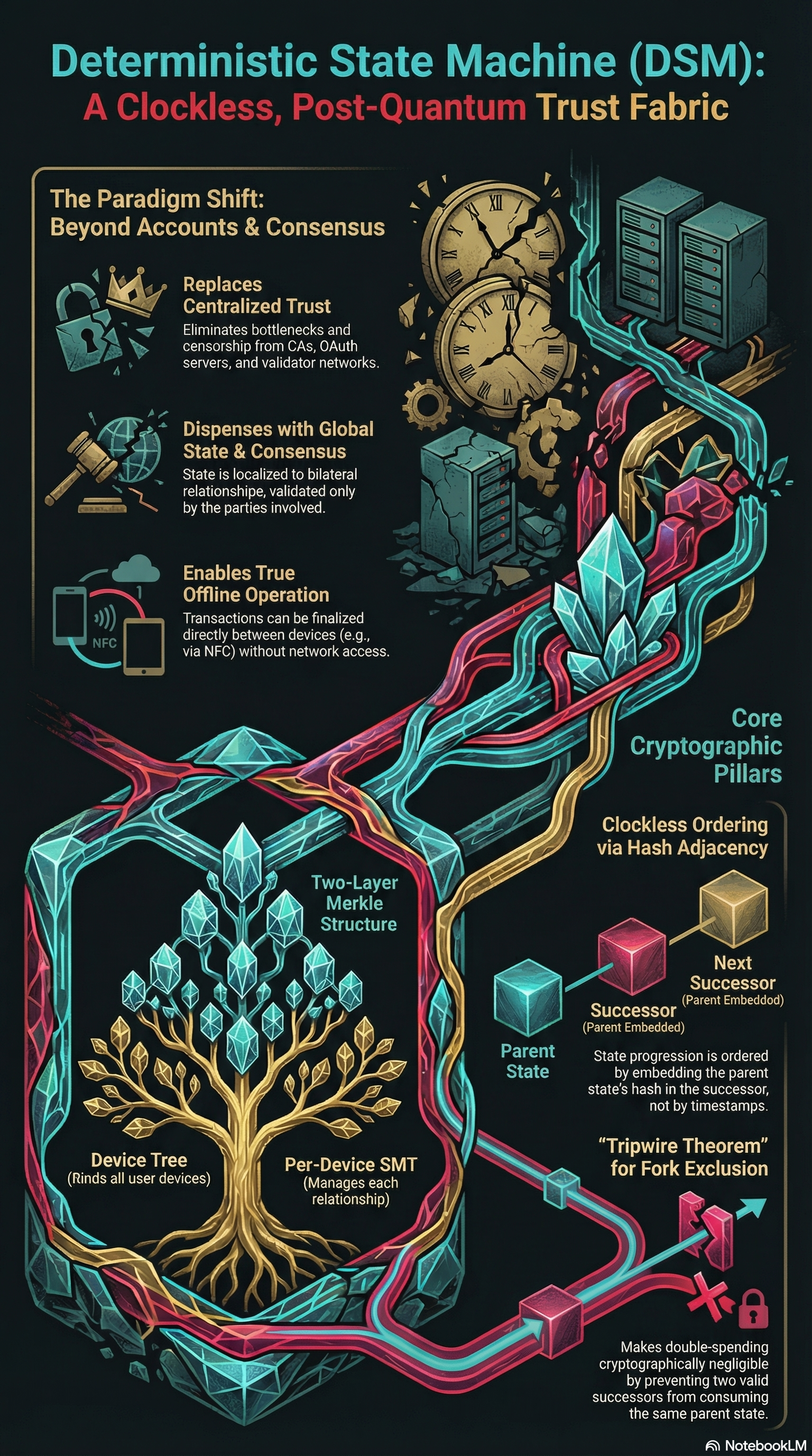 DSM: A Clockless, Post-Quantum Trust Fabric - Core architecture and paradigm shift